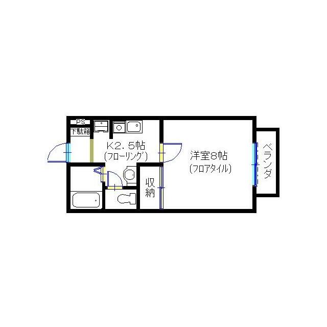 バースプレイスヴィラ 間取図～図面右のベランダ側が東です。ベランダは道路面より一段高く眺望良好で開放感もあります